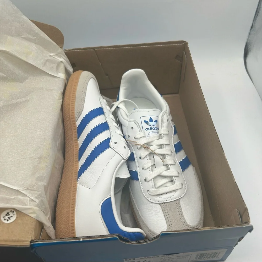 adidas Samba OG Grade School Lifestyle Shoes Cloud White/Blue/Gum Size 5.5 New